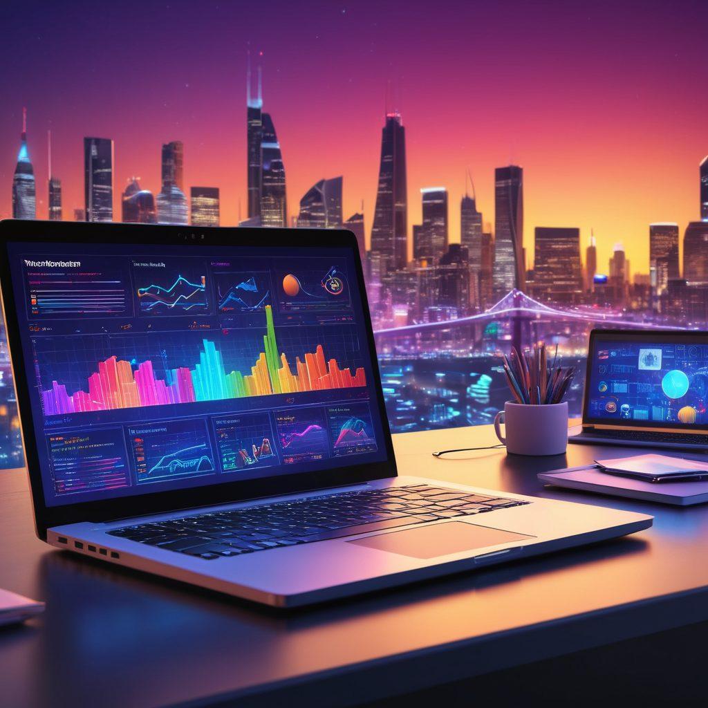 An intricate digital workspace featuring a glowing laptop surrounded by colorful graphs and charts, symbolizing the optimization of digital presence. Include elements like gears and circuits to represent click solutions, and a vibrant city skyline to indicate maximum impact. The scene should evoke a sense of creativity and innovation. super-realistic. vibrant colors. futuristic style.