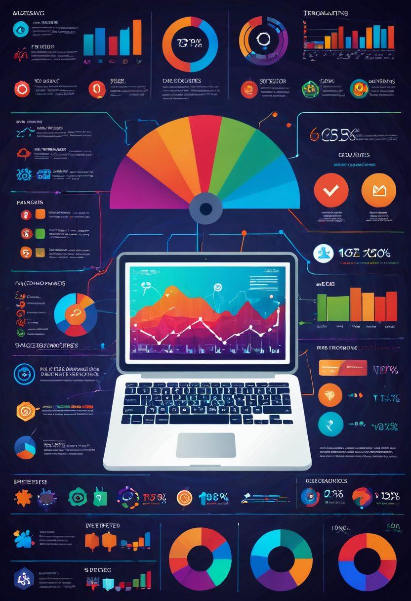 A visually engaging infographic showcasing various click analytics metrics such as click-through rates, heatmaps, and conversion statistics. Include a digital dashboard interface with colorful graphs and charts, along with diverse characters analyzing the data on laptops and tablets. The background features abstract digital marketing elements like social media icons and websites. vibrant colors. vector art.