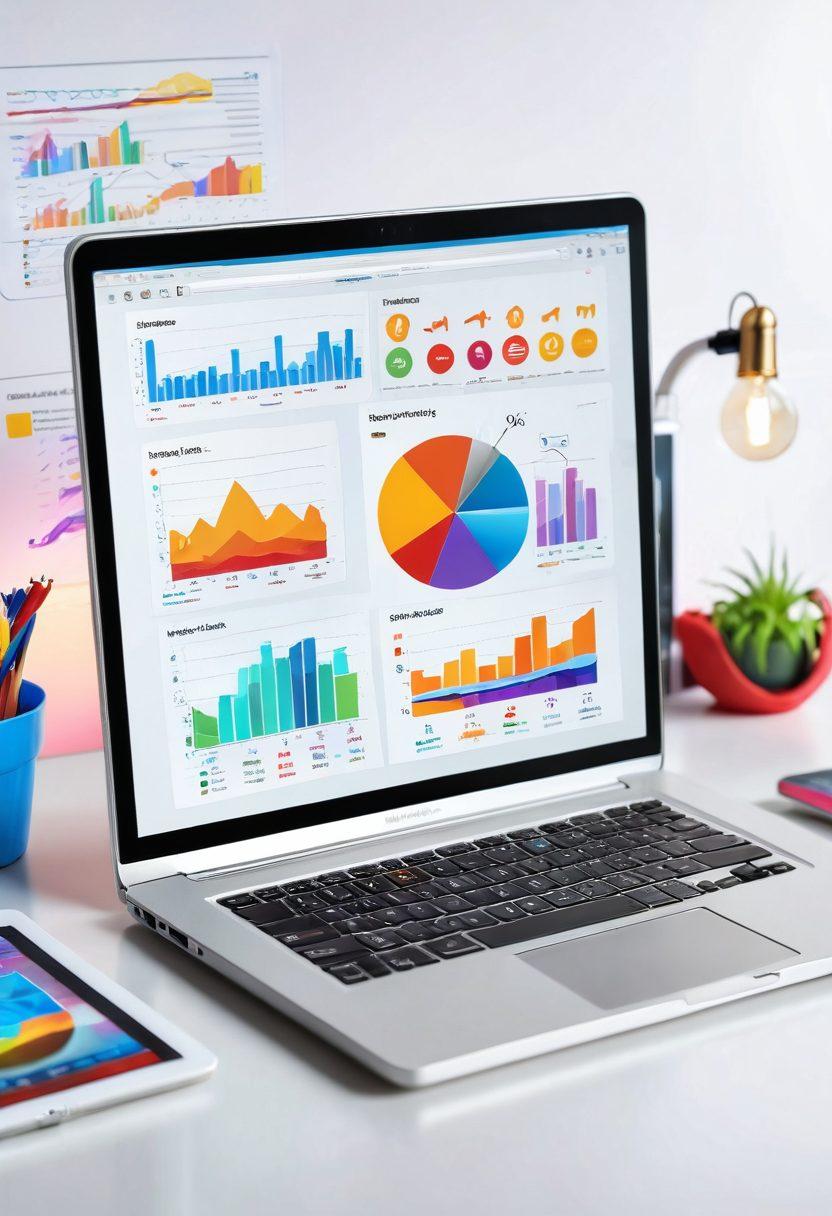 A dynamic digital workspace with vibrant charts, graphs, and click icons representing online marketing strategies. A modern laptop displays colorful analytics on a screen, surrounded by engaging social media symbols and an energetic atmosphere. Include a light bulb illuminating the space, symbolizing innovative ideas. super-realistic. vibrant colors. white background.